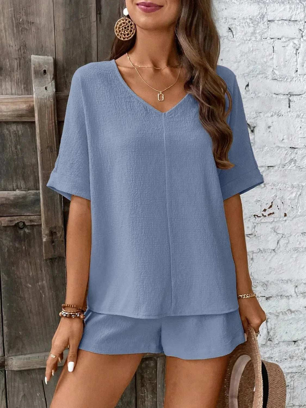 V-Neck Half Sleeve Top and Shorts Set - Trendsi - Flyclothing LLC