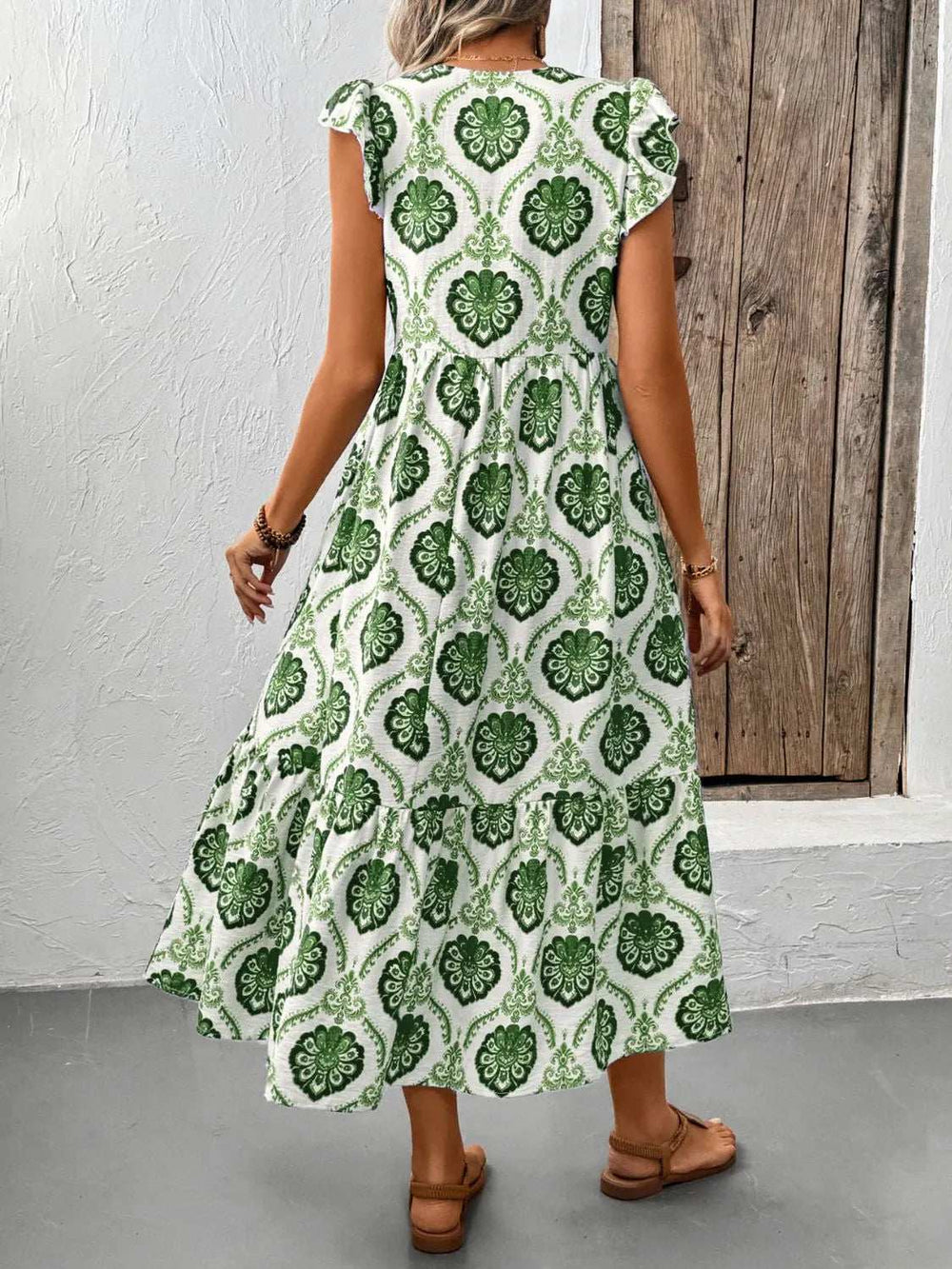 Ruffled Printed V-Neck Cap Sleeve Dress - Trendsi - Flyclothing LLC