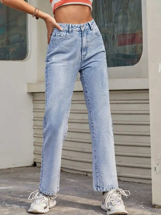 High Waist Straight Jeans with Pockets - Trendsi - Flyclothing LLC