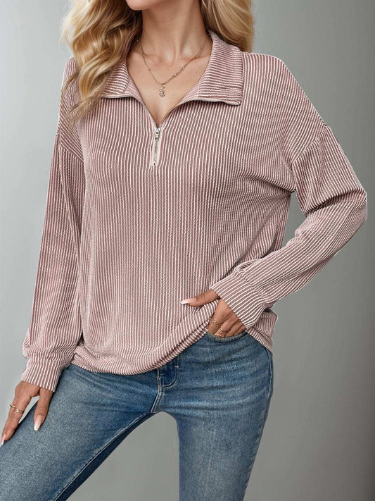 Double Take Striped Half Zip Long Sleeve T-Shirt - Trendsi - Flyclothing LLC