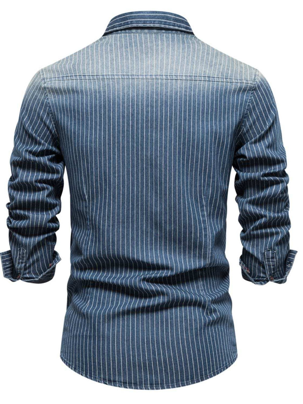Men's Striped Collared Neck Button Down Denim Shirt - Trendsi - Flyclothing LLC
