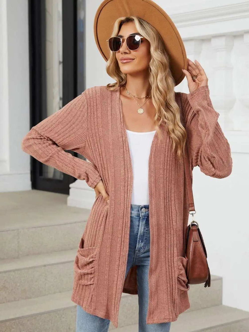 Pocketed Open Front Long Sleeve Cardigan - Trendsi - Flyclothing LLC
