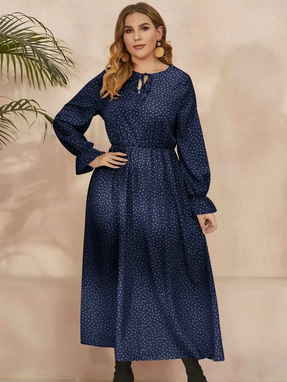 Plus Size Ruffled Polka Dot Long Sleeve Midi Dress - Trendsi - Flyclothing LLC