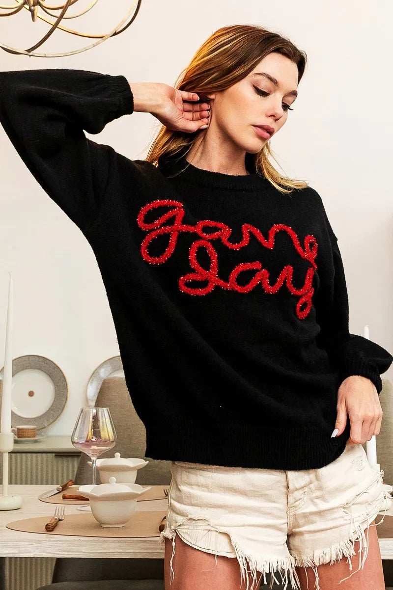 BiBi Game Day Metallic Letter Sweater - Trendsi - Flyclothing LLC