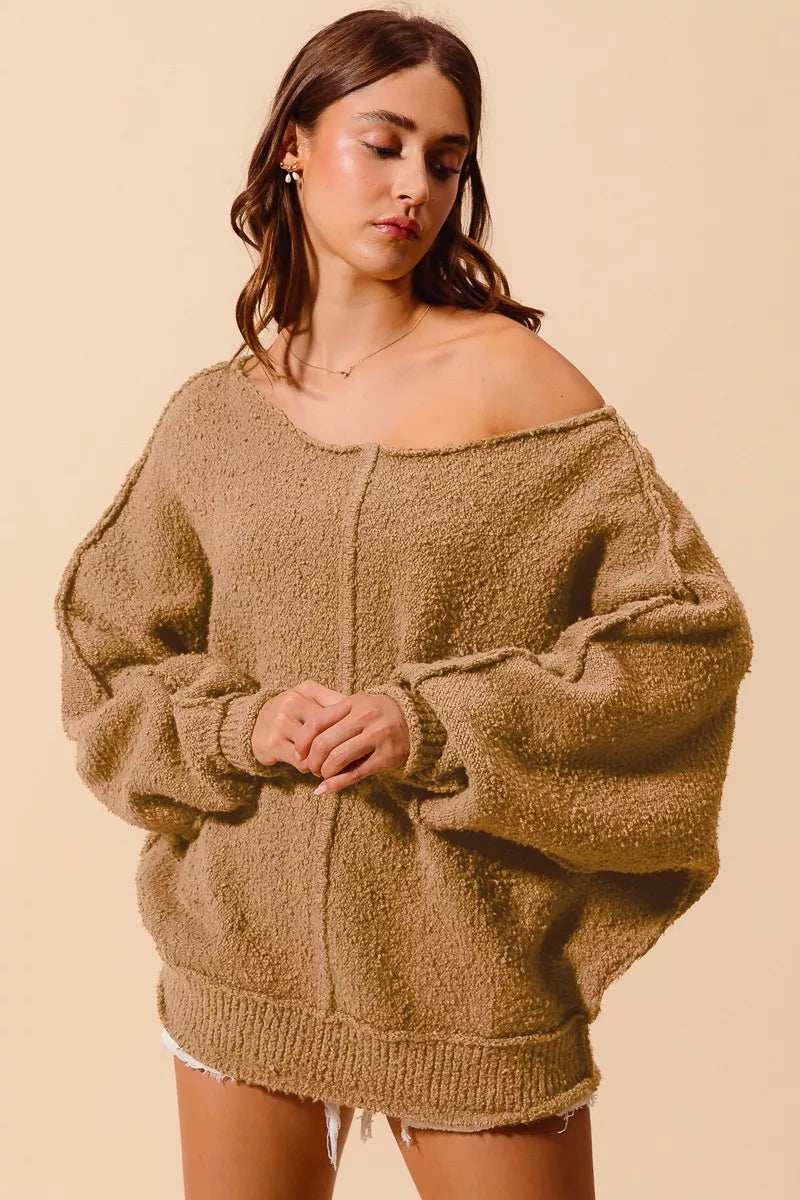 SO ME Loose Fit Exposed Seam Slouchy Boucle Sweater - Trendsi - Flyclothing LLC