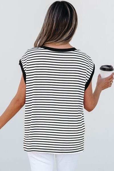 Striped Round Neck Cap Sleeve Top - Trendsi - Flyclothing LLC