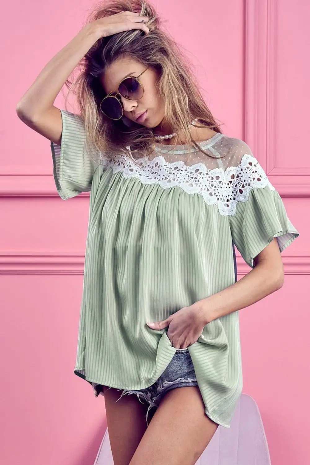 BiBi Lace Detail Short Sleeve Striped Blouse - Trendsi - Flyclothing LLC