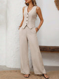 V-Neck Button Down Vest and Wide Leg Pants Set - Trendsi - Flyclothing LLC