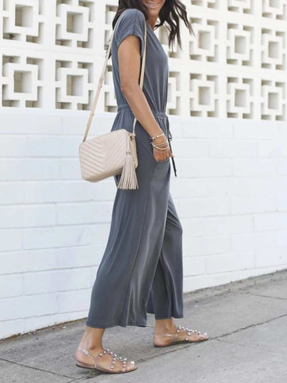 V-Neck Short Sleeve Jumpsuit - Trendsi - Flyclothing LLC