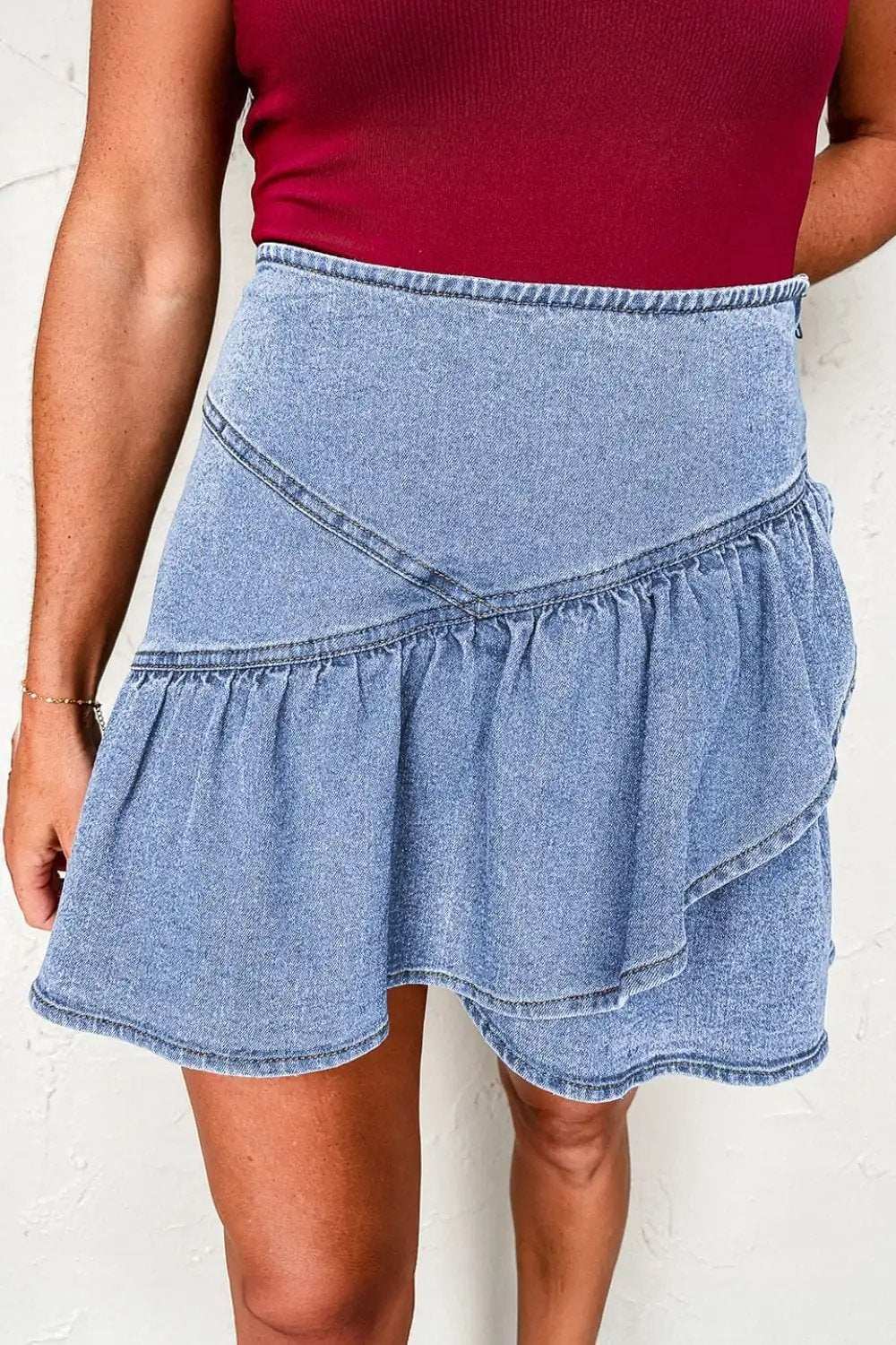 Asymmetric Ruffle Overlay Denim Mini Skirt - Trendsi - Flyclothing LLC