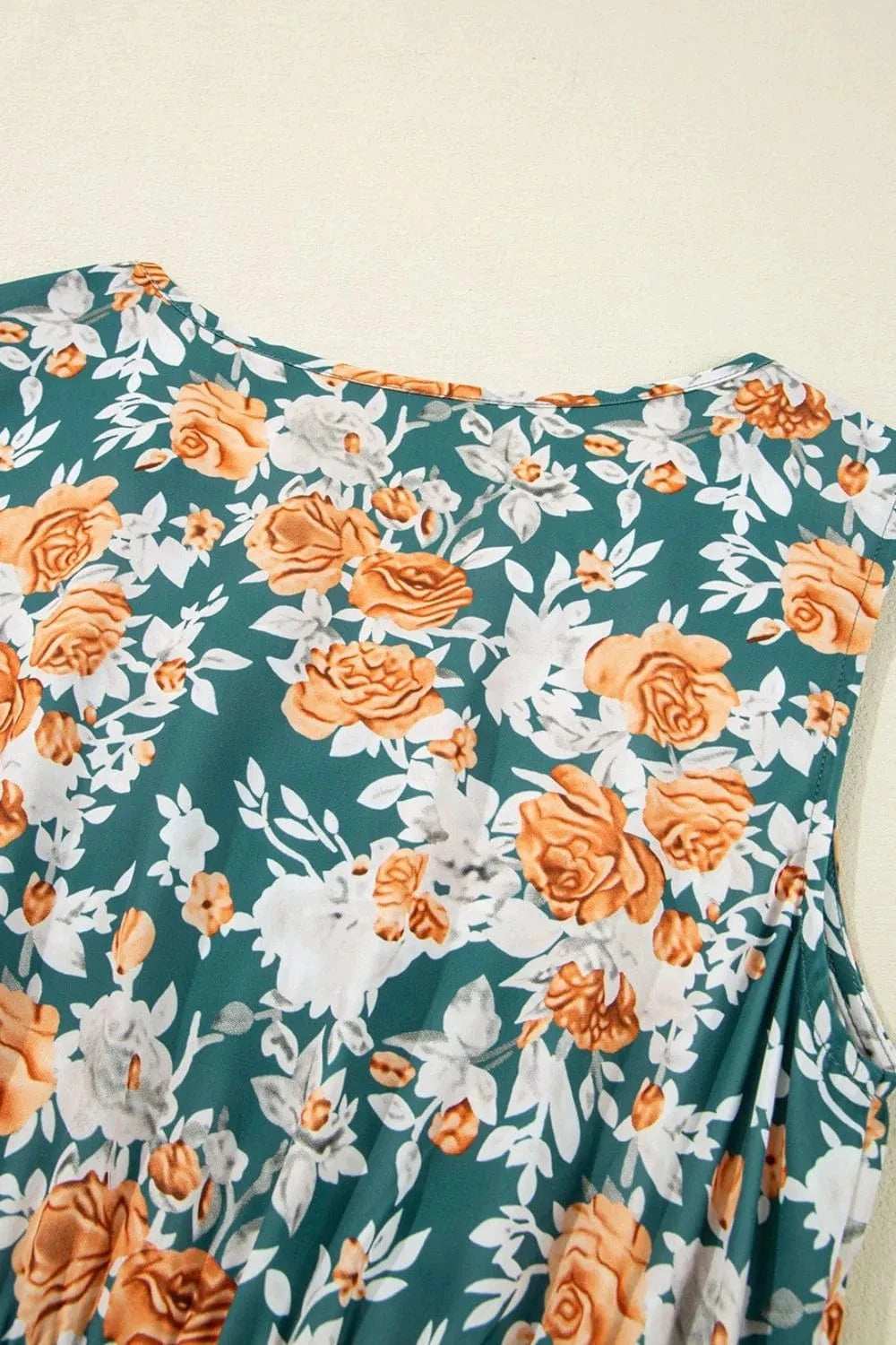 Floral Print Trimmed V Neck Tie Waist Sleeveless Dress - Trendsi - Flyclothing LLC