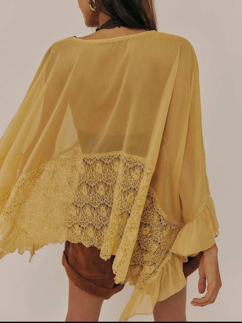 Lace V-Neck Ruffle Long Sleeve Cover-Up - Trendsi - Flyclothing LLC