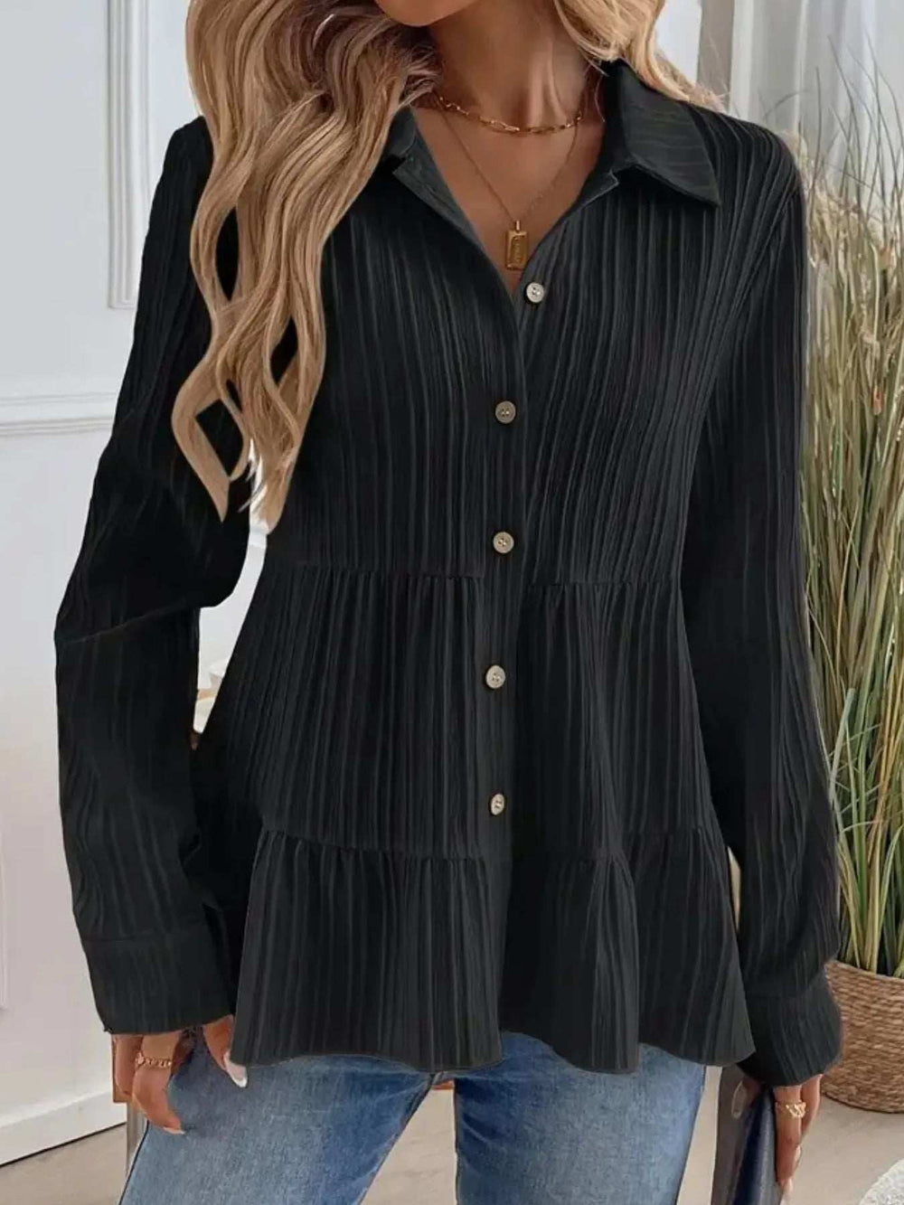 Striped Button-Down Tiered Shirt - Trendsi - Flyclothing LLC