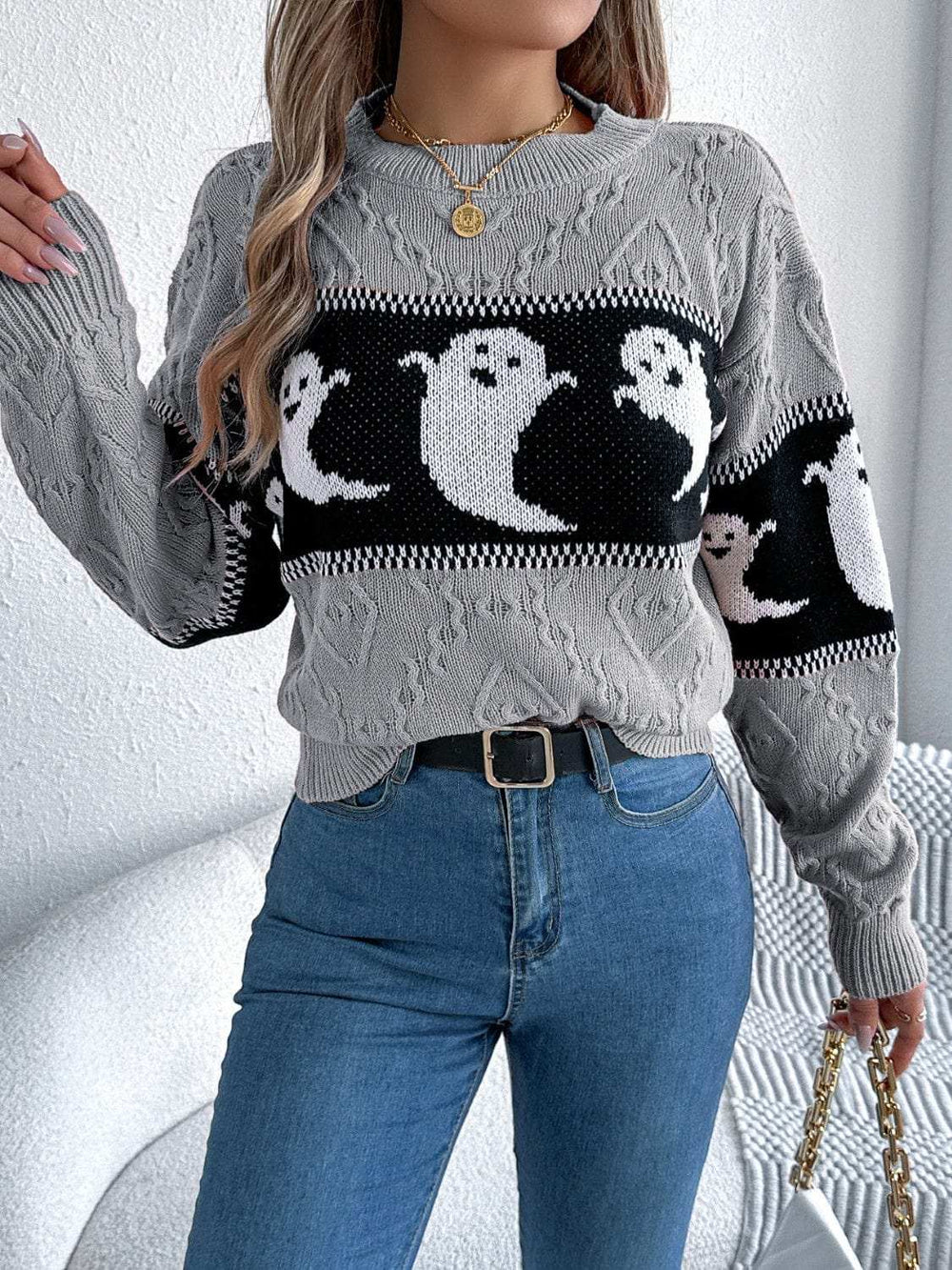 Ghost Round Neck Long Sleeve Sweater - Trendsi - Flyclothing LLC