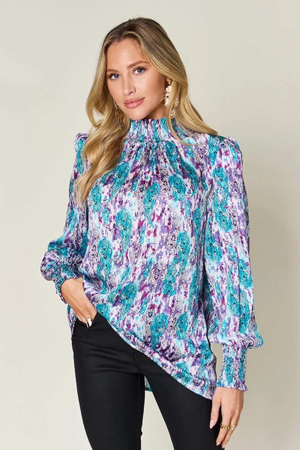 Double Take Full Size Printed Smocked Long Sleeve Blouse - Trendsi - Flyclothing LLC