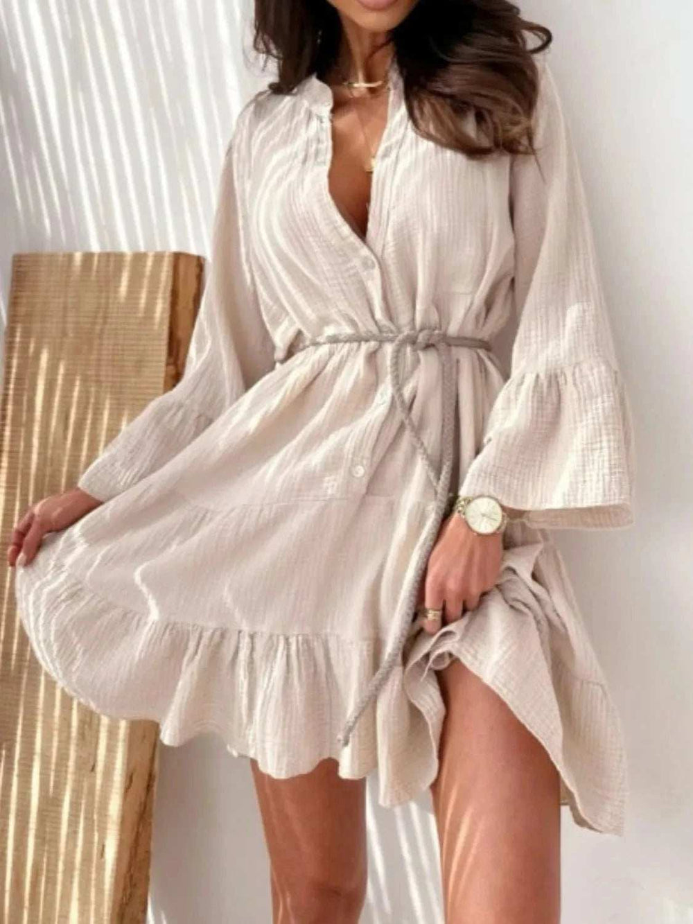 Button Detail Notched Long Sleeve Dress - Trendsi - Flyclothing LLC
