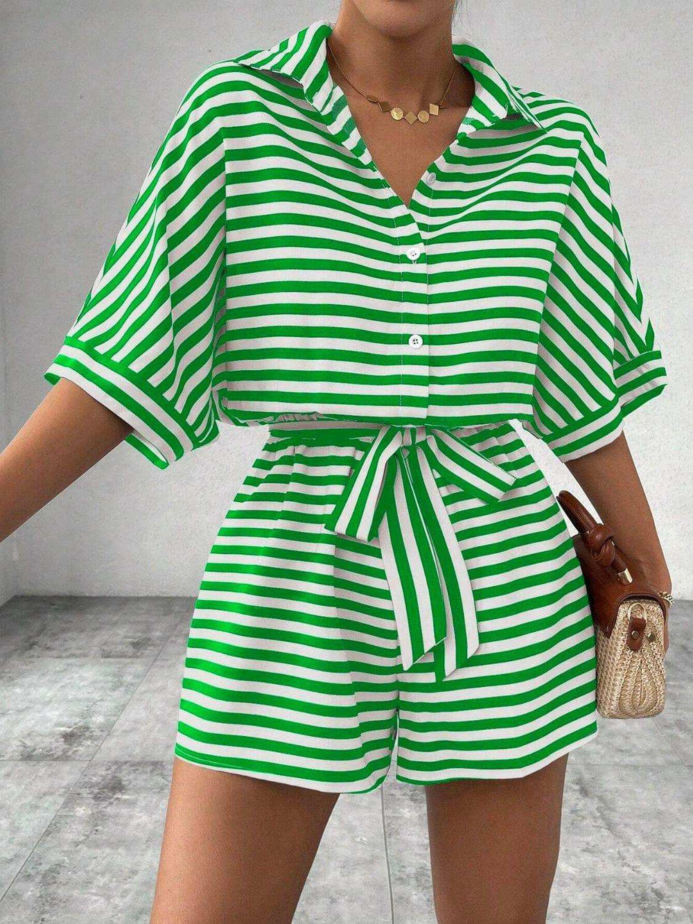Tie Waist Half Button Striped Romper - Trendsi - Flyclothing LLC