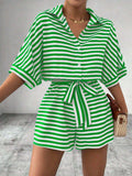 Tie Waist Half Button Striped Romper - Trendsi - Flyclothing LLC