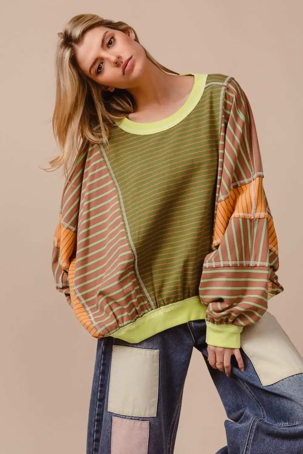 BiBi Color Block Striped Round Neck Sweatshirt - Trendsi - Flyclothing LLC