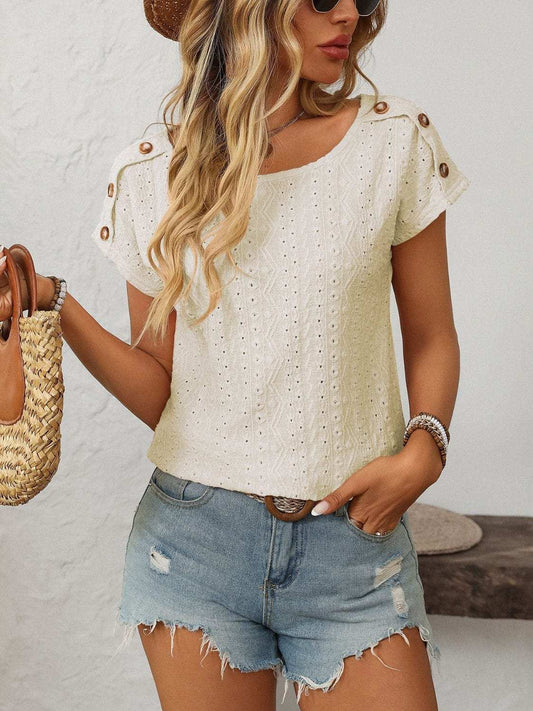 Mandy Eyelet Round Neck Short Sleeve Top - Trendsi - Flyclothing LLC