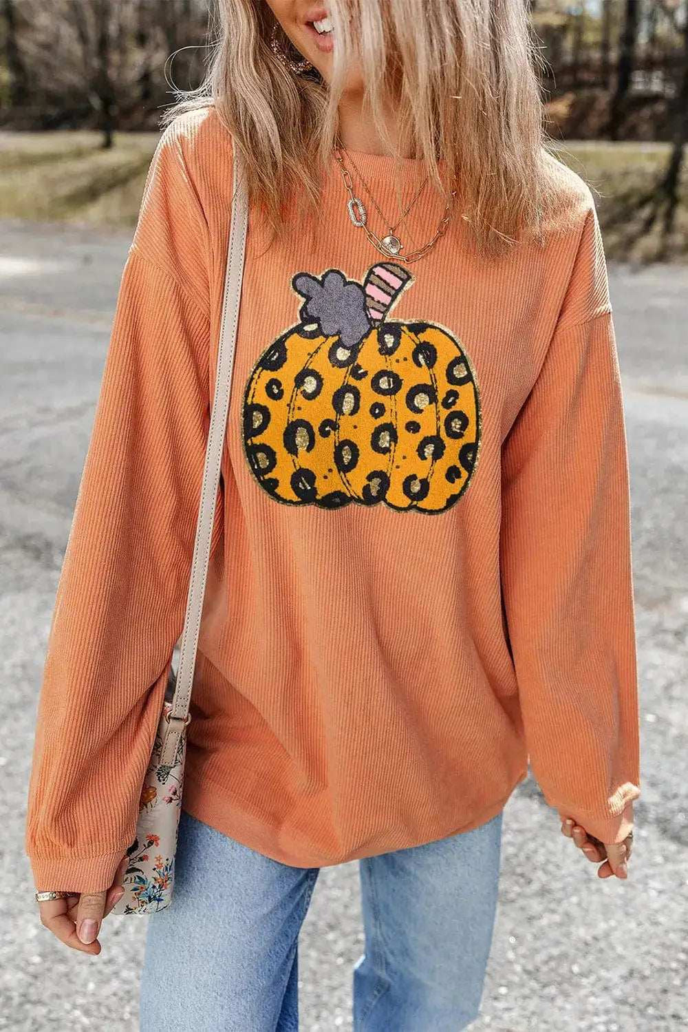 Pumpkin Round Neck Long Sleeve Sweatshirt - Trendsi - Flyclothing LLC