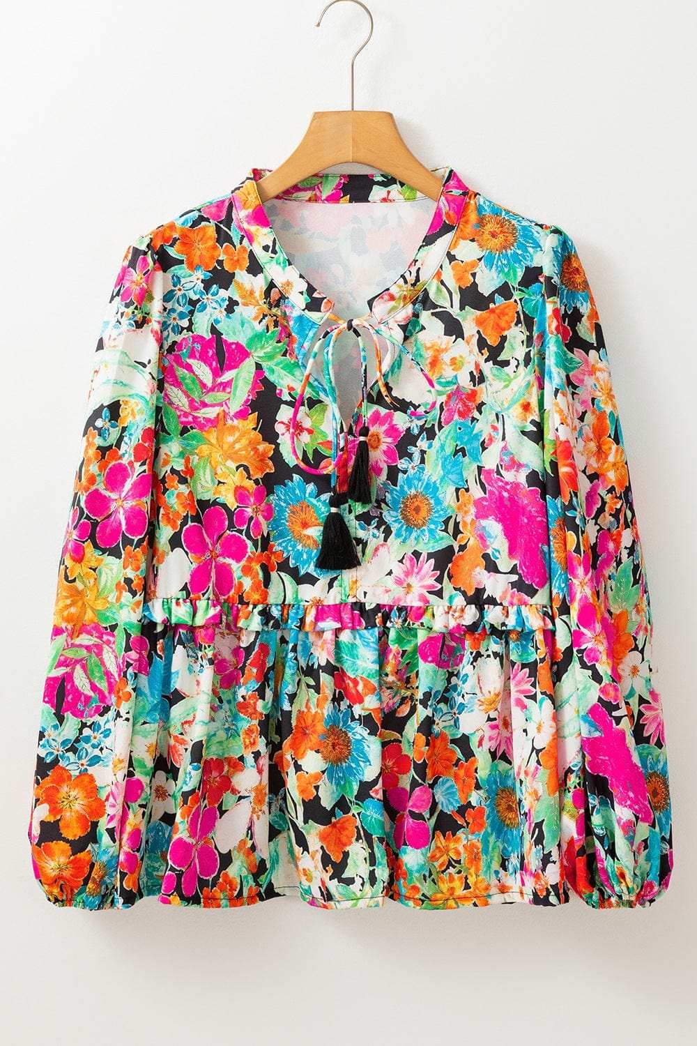 Floral Tie Neck Balloon Sleeve Blouse - Trendsi - Flyclothing LLC