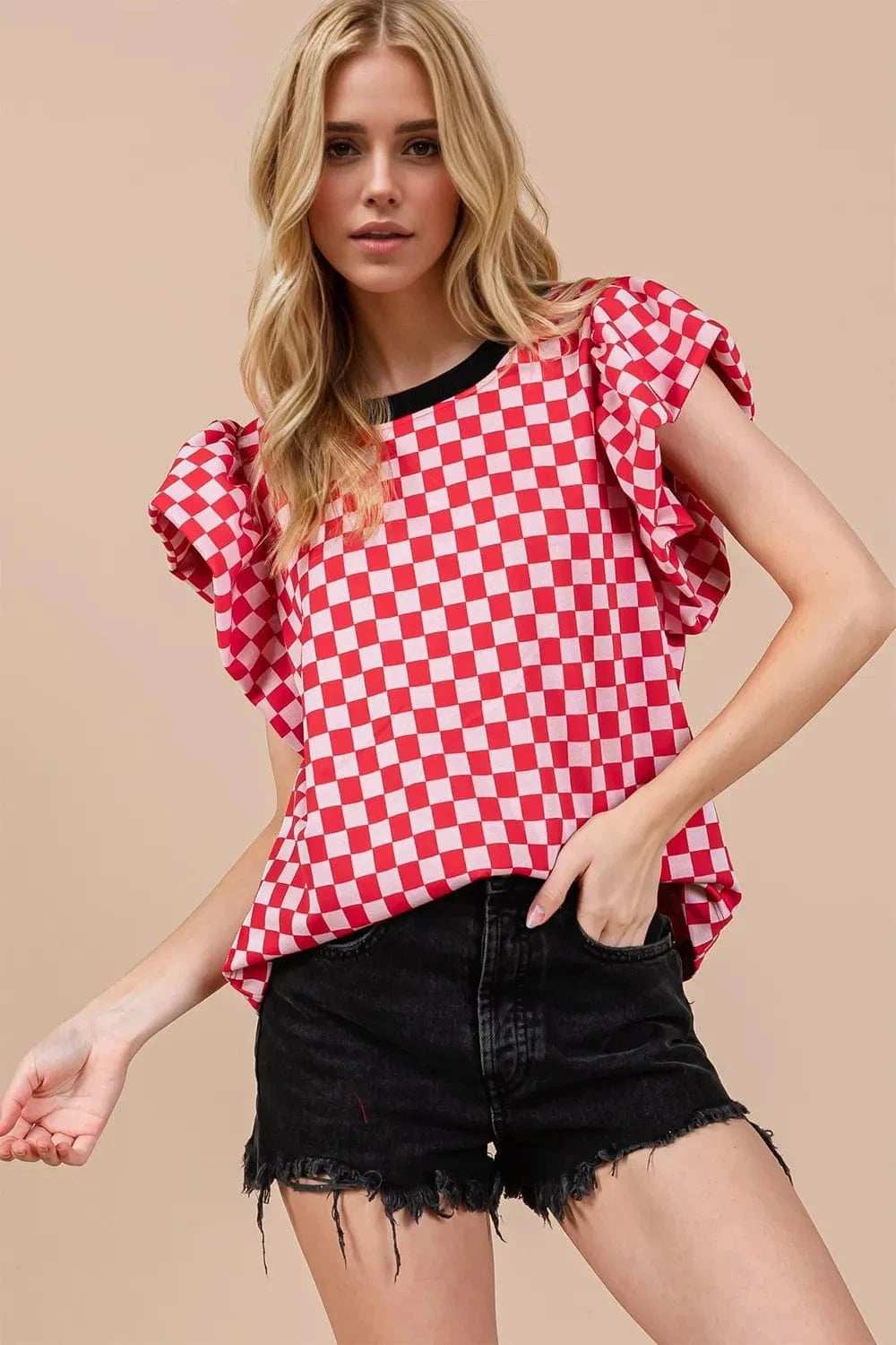 Oh Checkered Round Neck Puff Sleeve Blouse - Trendsi - Flyclothing LLC