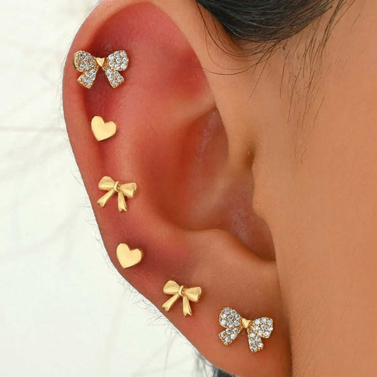 6 Piece Bow Heart Stud Earrings Set - Trendsi - Flyclothing LLC