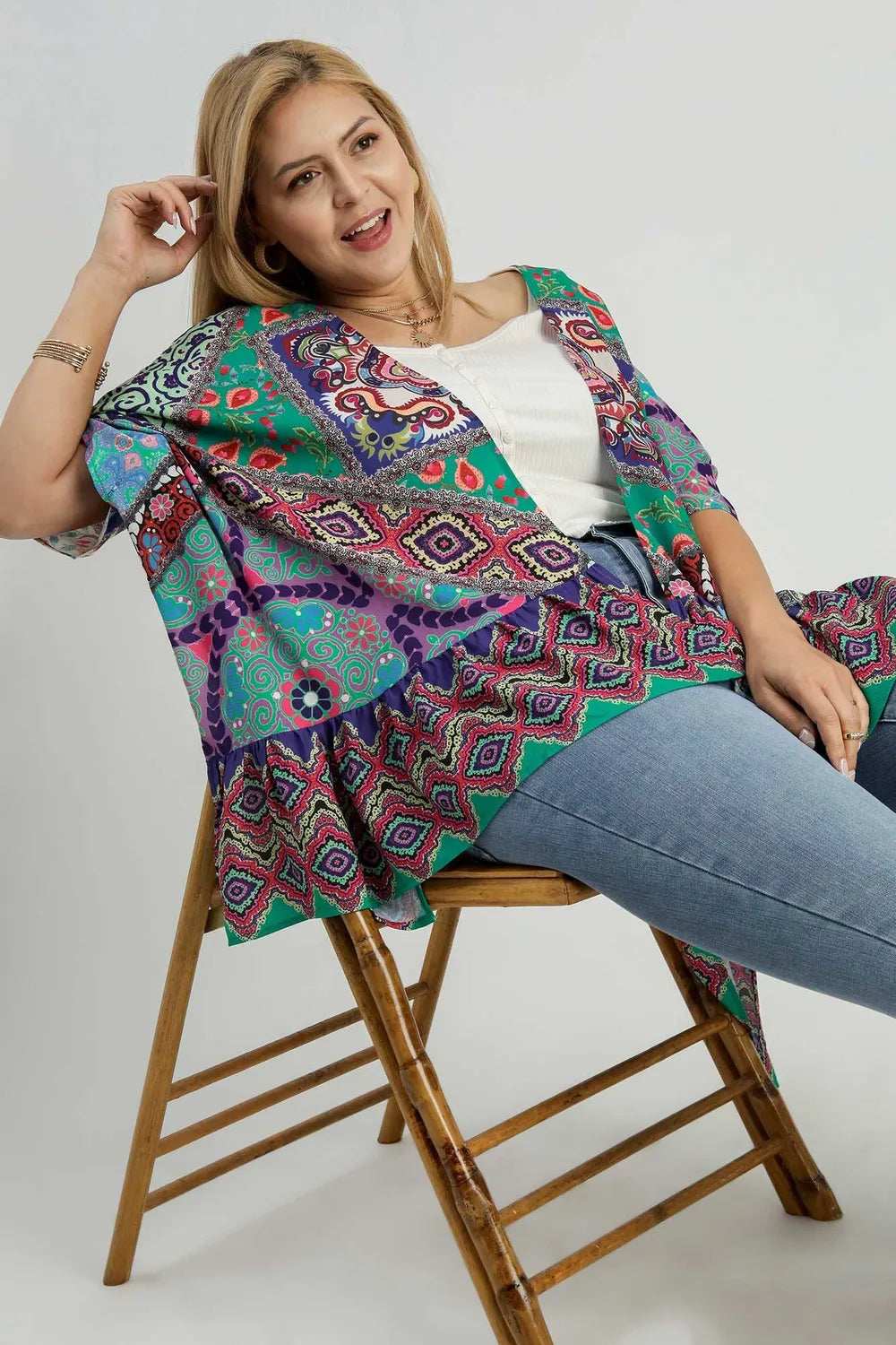 Umgee Full Size Mixed Print Ruffle Hem Open Front Cover Up Plus Size - Trendsi - Flyclothing LLC