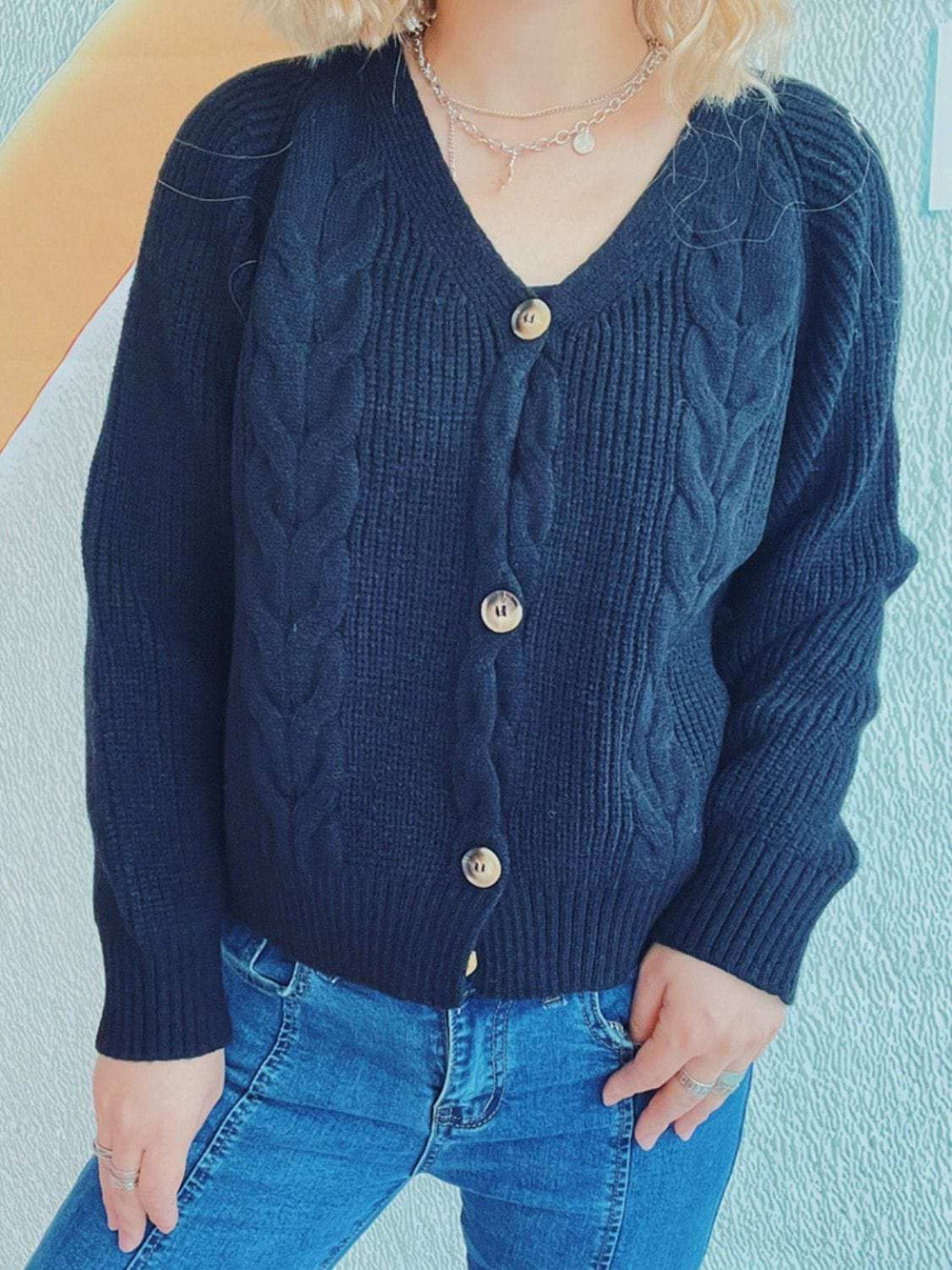 Cable-Knit V-Neck Button Down Long Sleeve Cardigan - Trendsi - Flyclothing LLC