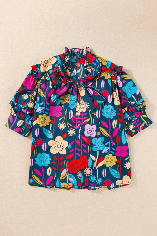 Printed Tie Neck Half Sleeve Blouse - Trendsi - Flyclothing LLC