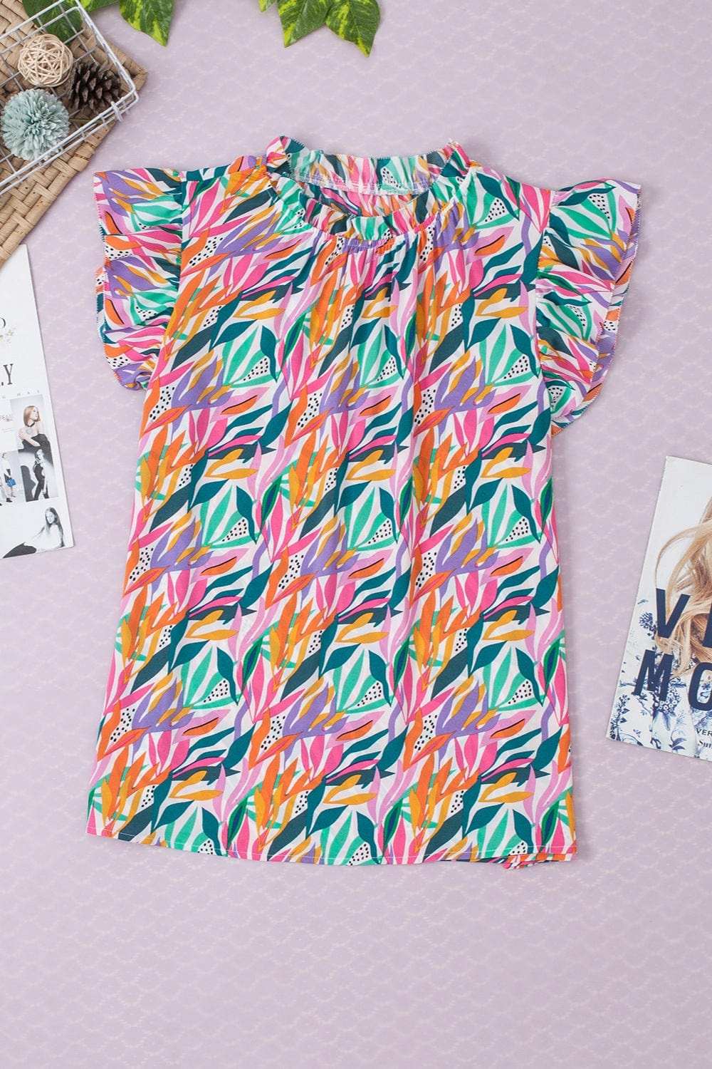 Printed Round Neck Cap Sleeve Blouse - Trendsi - Flyclothing LLC