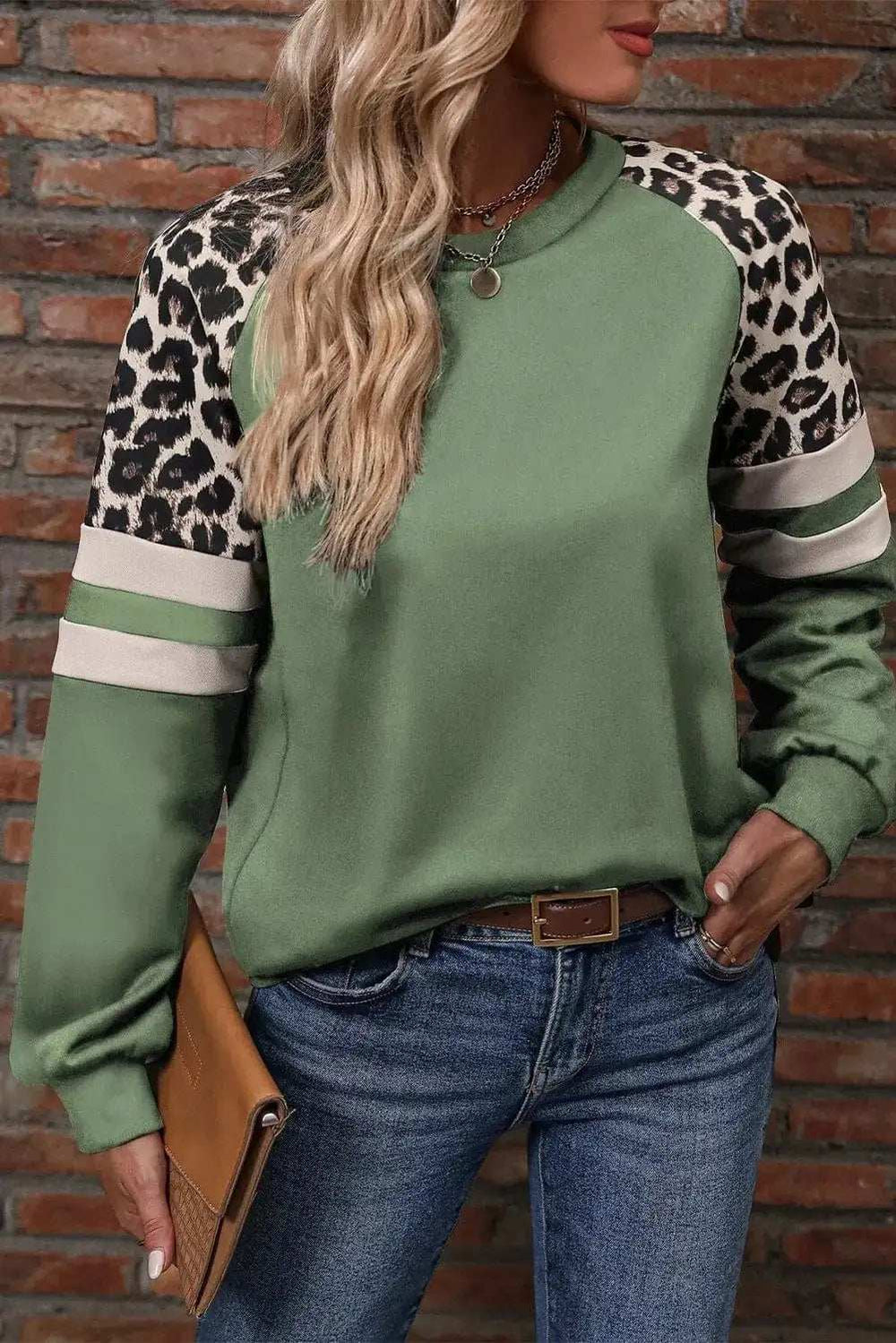 Leopard Round Neck Long Sleeve Sweatshirt - Trendsi - Flyclothing LLC