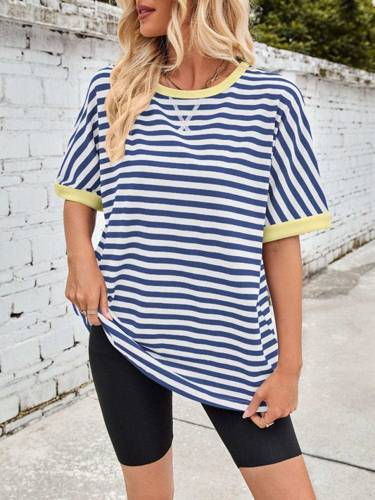 Lovelet Striped Round Neck Half Sleeve T-Shirt - Trendsi - Flyclothing LLC