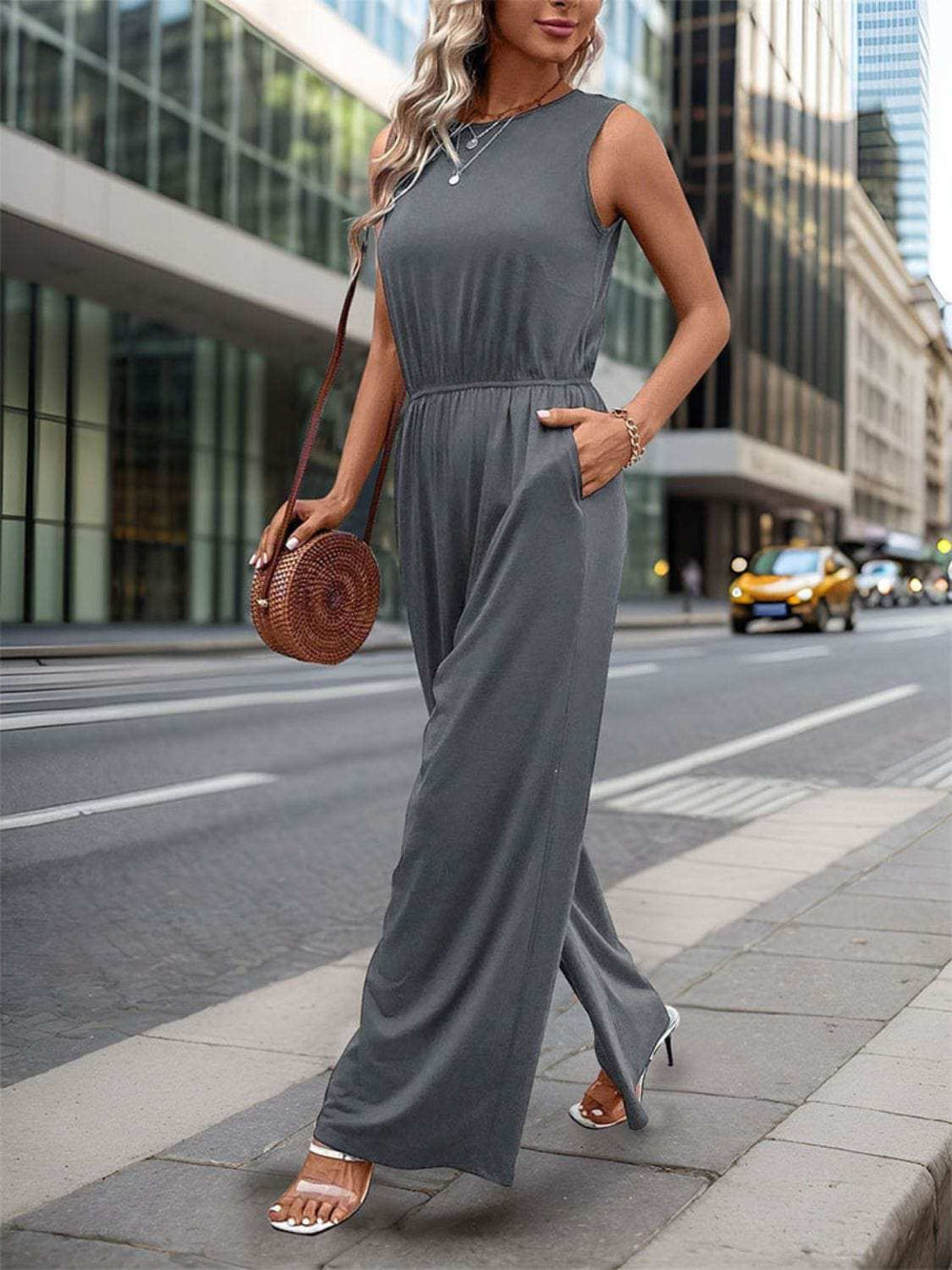 Round Neck Wide Leg Jumpsuit - Trendsi - Flyclothing LLC