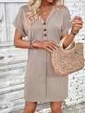 Quarter Button V-Neck Short Sleeve Dress - Trendsi - Flyclothing LLC