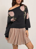 Floral Boat Neck Long Sleeve Sweater - Trendsi - Flyclothing LLC