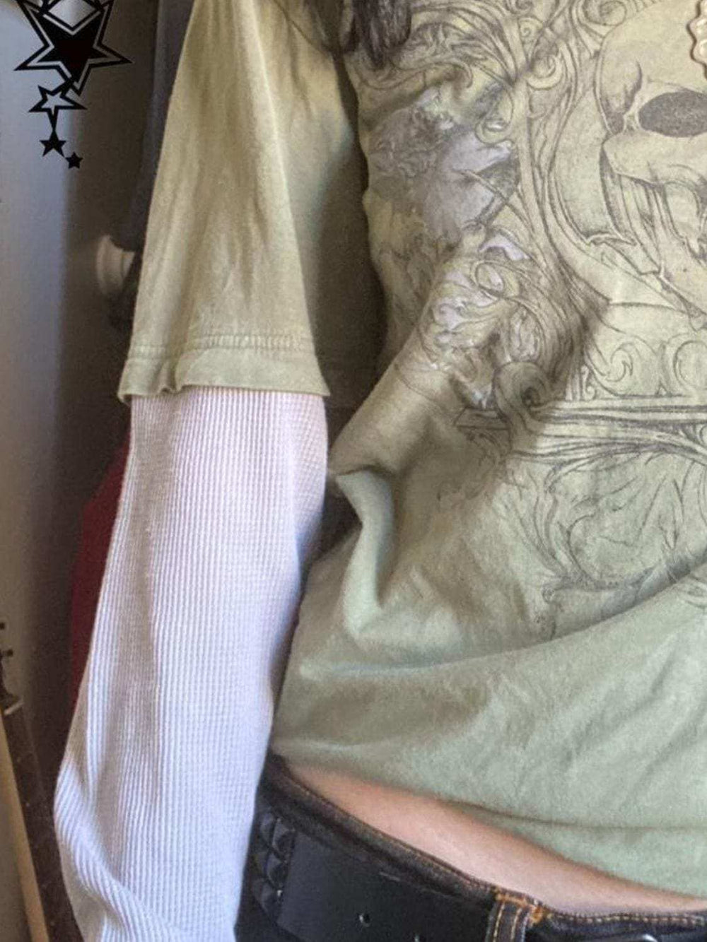 Skull Round Neck Long Sleeve Fake Two Pieces T-Shirt - Trendsi - Flyclothing LLC