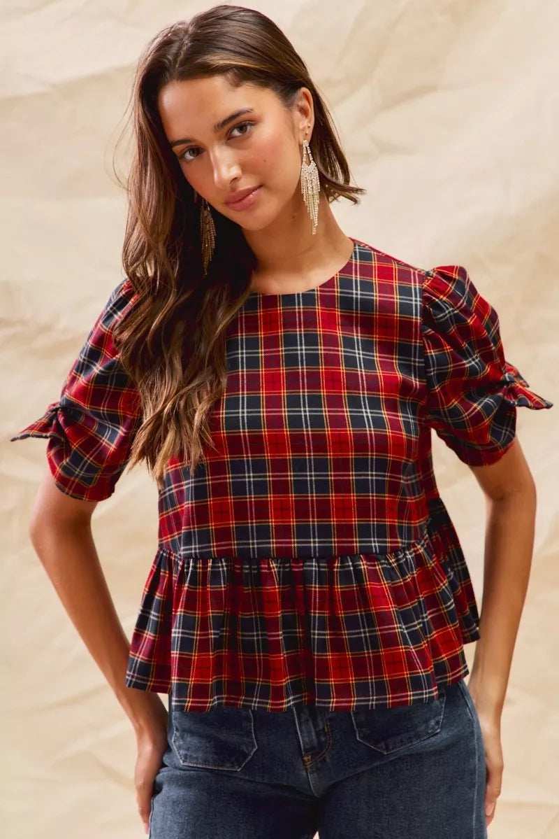 SO ME Christmas Holiday Plaid Ribbon Short Sleeves Top - Trendsi - Flyclothing LLC