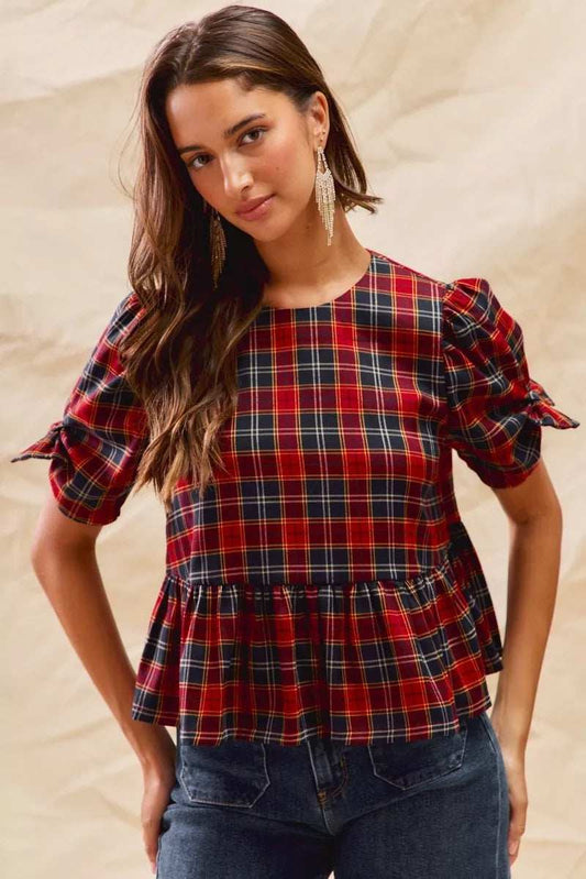 SO ME Christmas Holiday Plaid Ribbon Short Sleeves Top - Trendsi - Flyclothing LLC