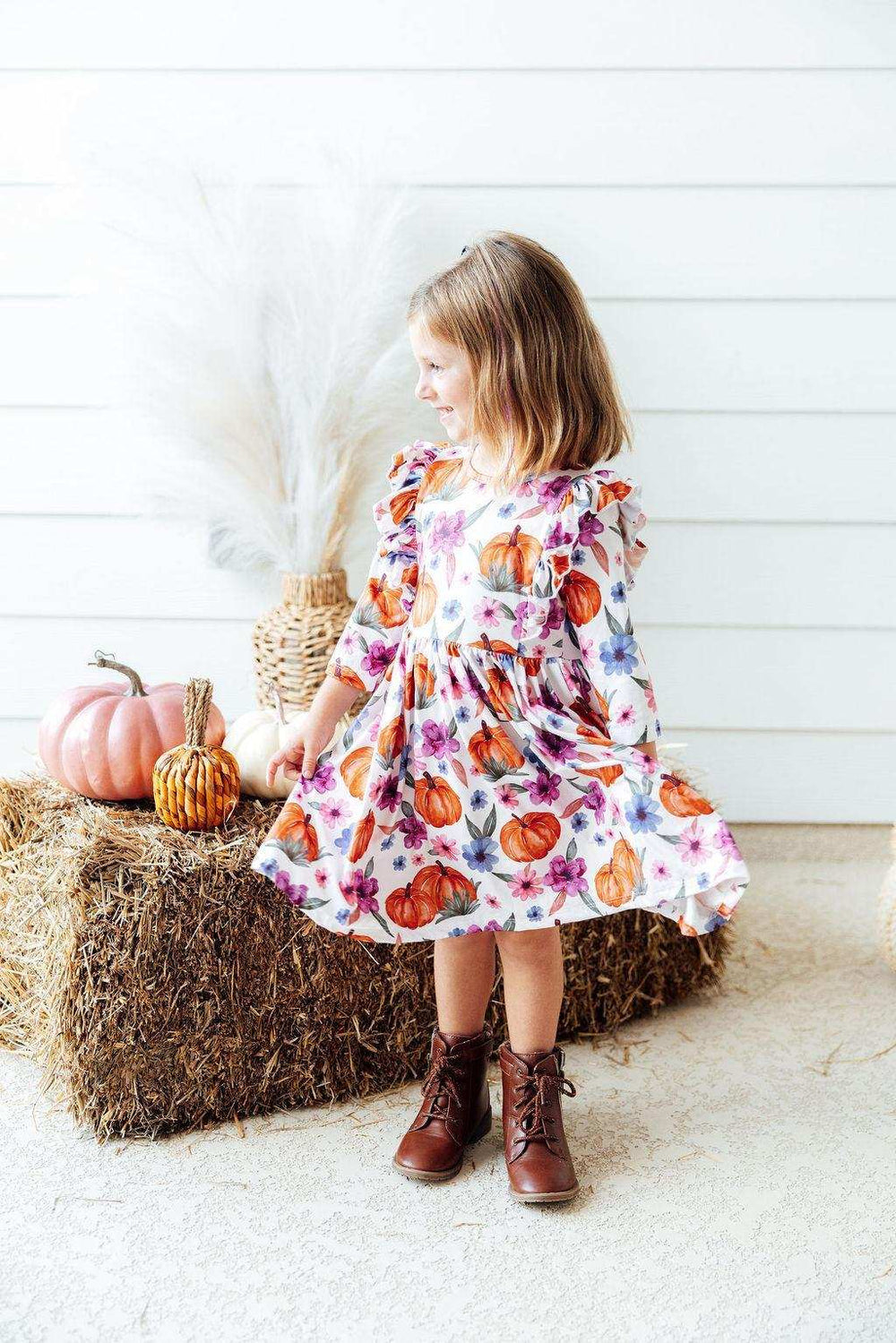 Hey Pumpkin 3/4 Sleeve Ruffle Twirl Dress - Mila & Rose ® - Flyclothing LLC