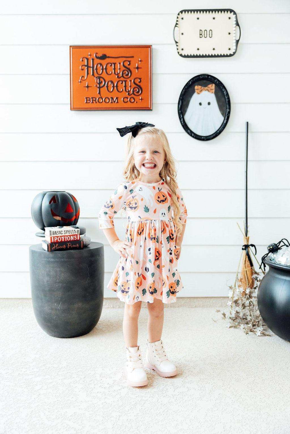 Pumpkin Peekaboo 3/4 Sleeve Pocket Twirl Dress - Mila & Rose ® - Flyclothing LLC