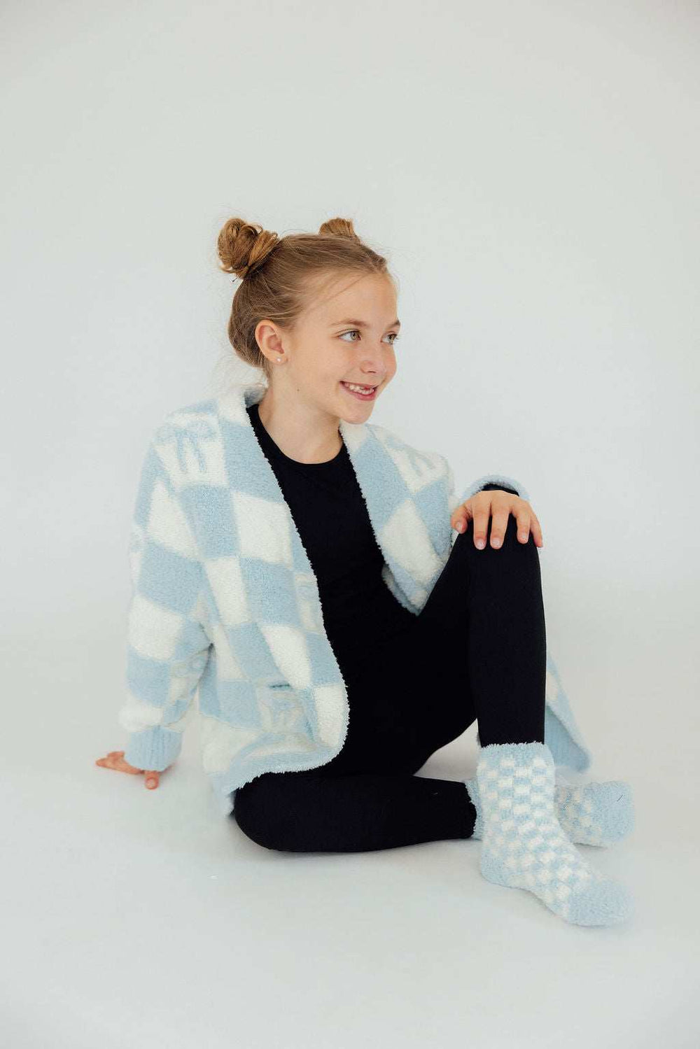 Light Blue Checker Bow Cozy Cardigan - Mila & Rose ® - Flyclothing LLC