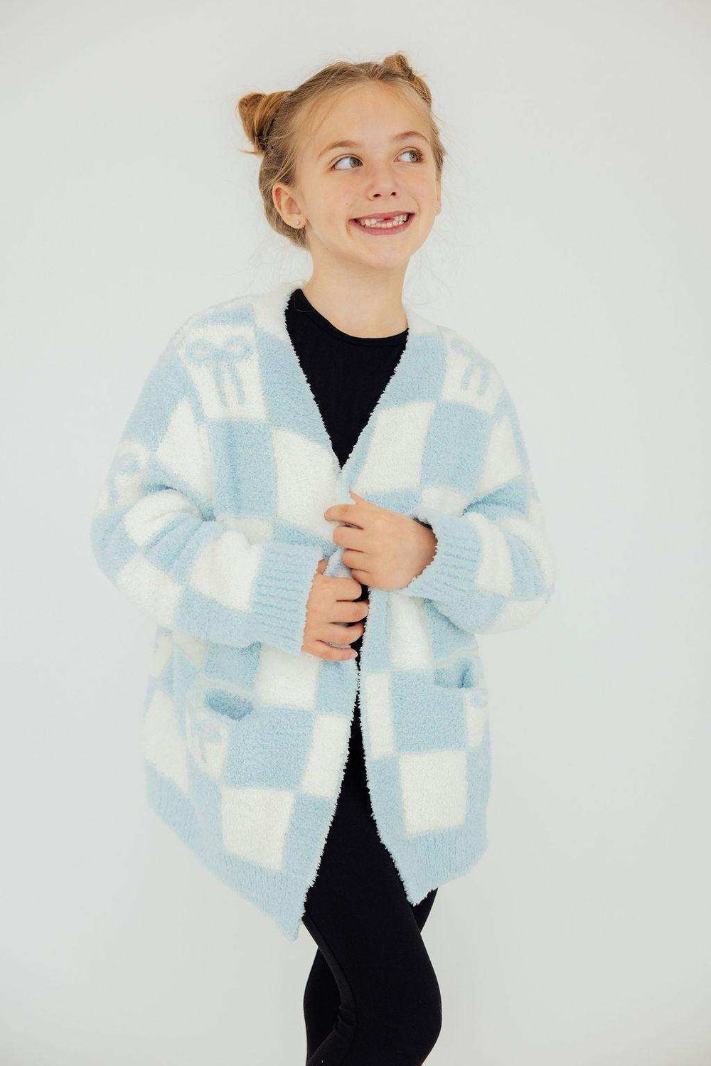 Light Blue Checker Bow Cozy Cardigan - Mila & Rose ® - Flyclothing LLC