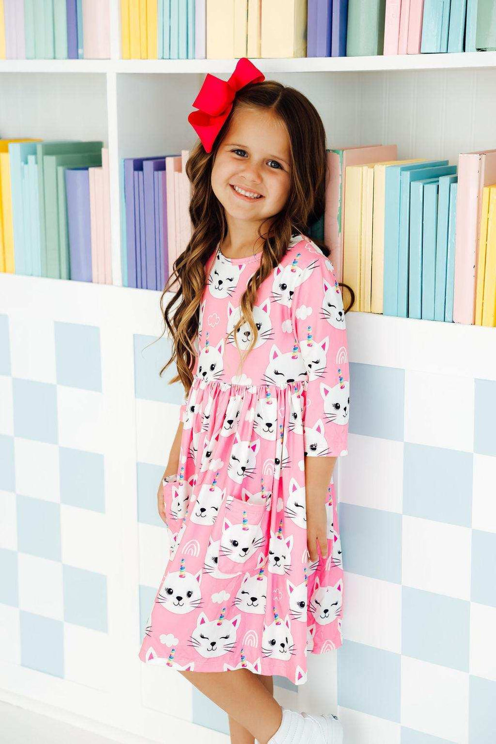 Unicorn Kitties 3/4 Sleeve Pocket Twirl Dress - Mila & Rose ® - Flyclothing LLC