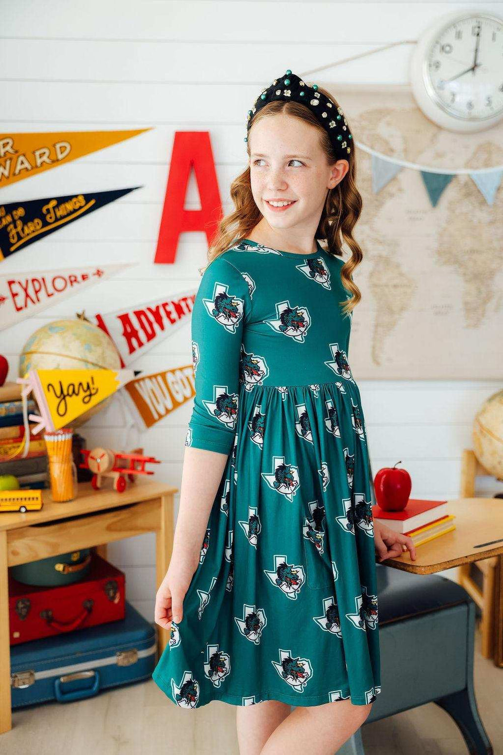 Southlake Carroll Dragons 3/4 Sleeve Pocket Twirl Dress - Mila & Rose ® - Flyclothing LLC