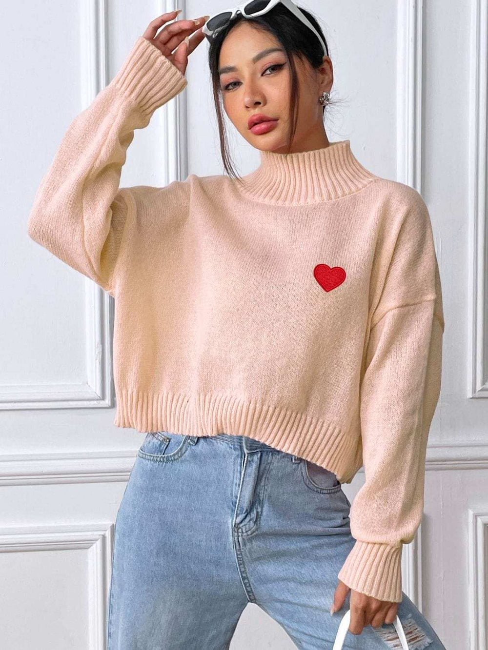 Heart Turtleneck Long Sleeve Sweater - Trendsi - Flyclothing LLC
