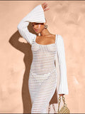 Openwork Square Neck Flare Sleeve Cover-Up Dress - Trendsi - Flyclothing LLC