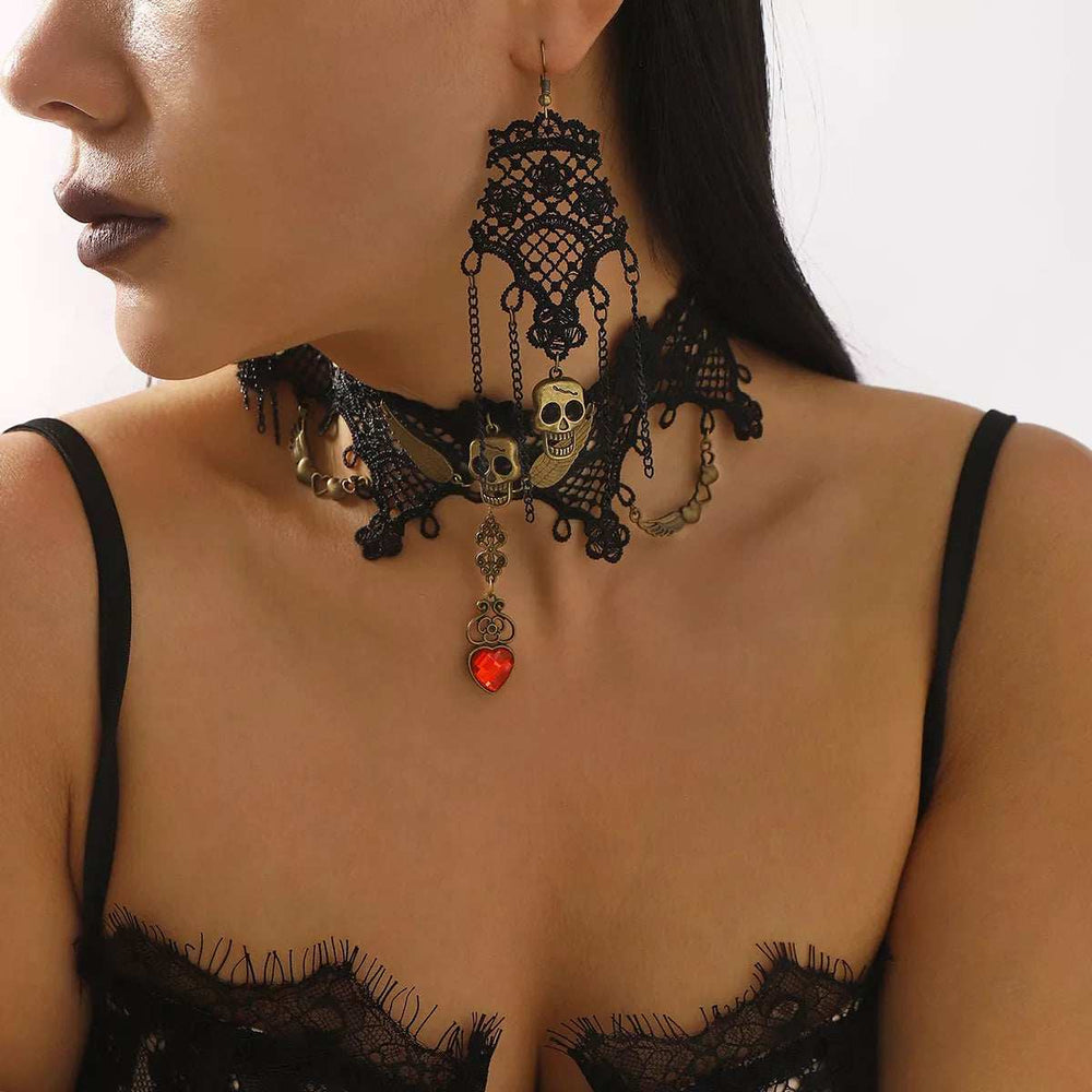 Halloween Lace Skull Necklace and Earrings Jewelry Set - Trendsi - Flyclothing LLC