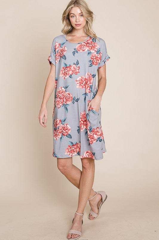 BOMBOM Floral Round Neck Short Tee Dress with Pockets - Trendsi - Flyclothing LLC